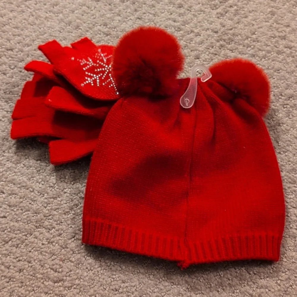 Kid's Red Rhinestone Snowflake Hat and Gloves NWT
